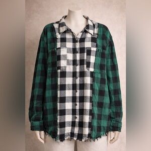 RISEN Los Angeles Patchwork Plaid Flannel Shirt L Raw Hem Grunge